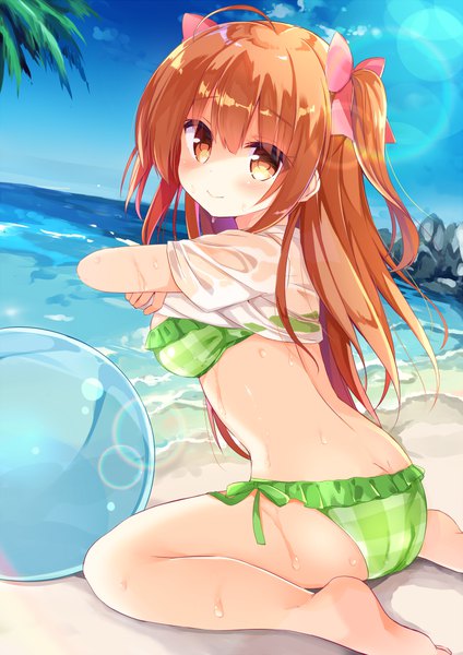 Anime picture 706x1000 with original kujou danbo single long hair tall image looking at viewer blush fringe breasts light erotic smile hair between eyes sitting payot sky cloud (clouds) ahoge ass barefoot orange hair