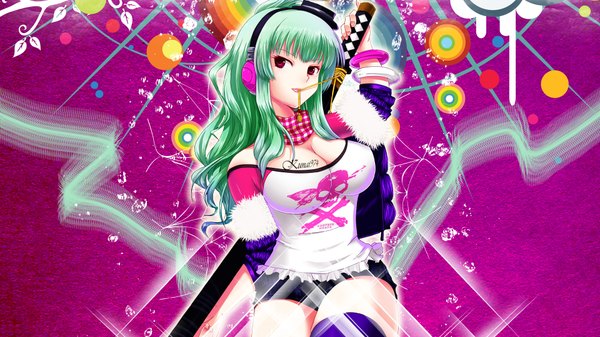 Anime picture 1920x1080 with beatmania beatmania iidx kanzaki saya kurokiri kunai974 single long hair highres breasts light erotic red eyes wide image signed nail polish green hair abstract skull and crossbones skull print girl thighhighs