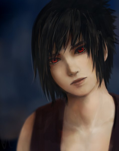 Anime picture 859x1086 with naruto studio pierrot naruto (series) uchiha sasuke noranb single tall image looking at viewer fringe short hair black hair simple background red eyes upper body head tilt realistic portrait dark background boy