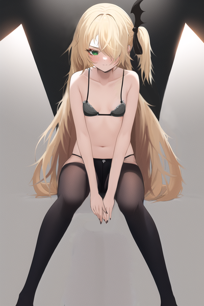 Anime picture 2048x3072 with genshin impact fischl (genshin impact) park ogre single long hair tall image looking at viewer blush fringe highres breasts light erotic blonde hair sitting green eyes payot full body bent knee (knees) hair over one eye alternate costume