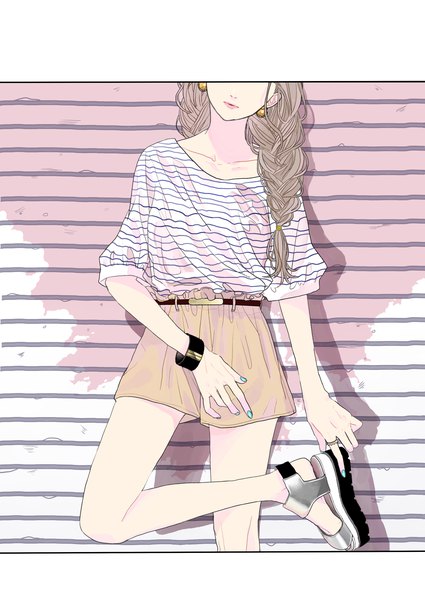 Anime picture 2507x3541 with original kko (um7mr) single long hair tall image highres brown hair standing braid (braids) nail polish twin braids standing on one leg striped head out of frame striped background aqua nail polish girl earrings shorts bracelet