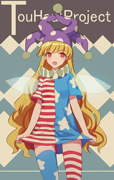 Anime picture 600x943 with touhou clownpiece liuli (llc) single long hair tall image looking at viewer blush open mouth blonde hair red eyes standing zettai ryouiki wavy hair star print different thighhighs asymmetrical clothes clown girl thighhighs