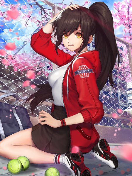 Anime picture 900x1200 with original kyundoo single long hair tall image looking at viewer fringe open mouth black hair hair between eyes sitting yellow eyes payot sky cloud (clouds) full body bent knee (knees) outdoors ponytail pleated skirt