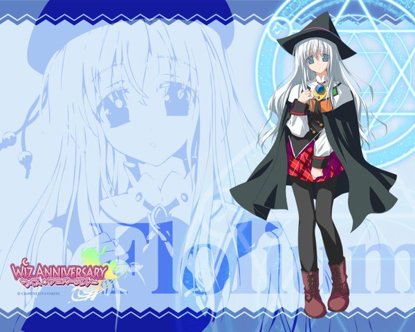 Anime picture 1280x1024 with wiz anniversary flolium blosselliand long hair blue eyes white hair magic zoom layer girl skirt uniform school uniform boots cape witch hat magic circle