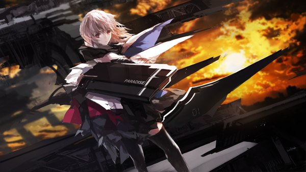 Anime picture 1512x850 with original pixiv fantasia pixiv fantasia fallen kings paradise (character) swd3e2 single looking at viewer short hair wide image pink hair sky cloud (clouds) pink eyes girl thighhighs dress weapon black thighhighs cape sun