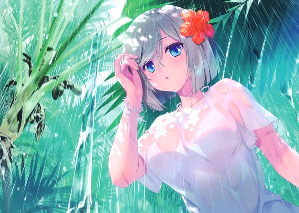 Anime picture 3427x2440 with kantai collection hamakaze destroyer carnelian single looking at viewer blush fringe highres short hair open mouth blue eyes light erotic hair between eyes absurdres sky silver hair upper body outdoors hair flower dutch angle