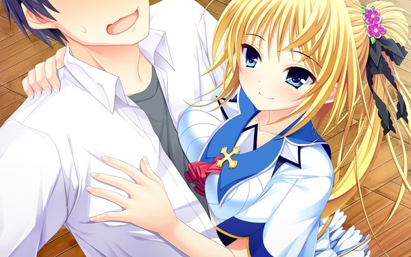 Anime picture 1054x659 with scramble lovers mibu natsume ariko youichi long hair blush breasts blue eyes blonde hair smile large breasts game cg ponytail hair flower hug head out of frame girl boy skirt uniform hair ornament
