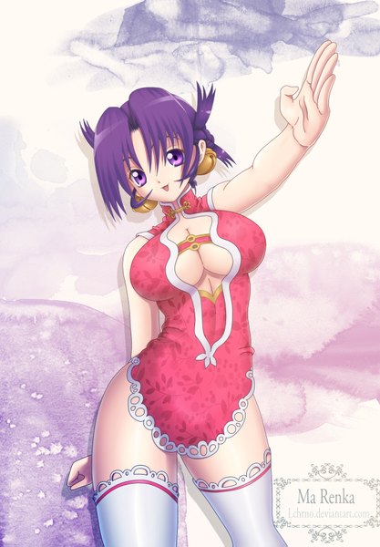 Anime picture 1250x1799 with history's strongest disciple kenichi ma renka lchrno single tall image looking at viewer short hair breasts open mouth light erotic smile large breasts purple eyes purple hair traditional clothes chinese clothes girl thighhighs white thighhighs chinese dress