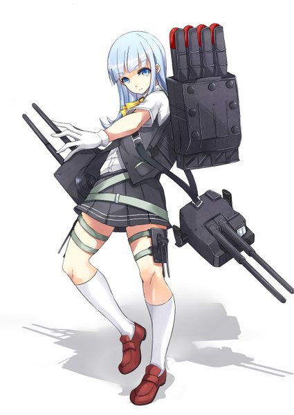 Anime picture 1002x1416 with kantai collection hatsukaze destroyer asya single long hair tall image looking at viewer fringe highres blue eyes simple background white background blue hair pleated skirt shadow girl skirt gloves uniform weapon