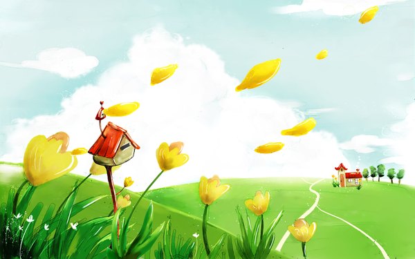 Anime picture 1920x1200 with tagme (artist) highres wide image cloud (clouds) landscape summer nature flower (flowers) plant (plants) petals tree (trees) grass house path