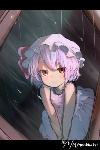 Anime picture 850x1275 with touhou remilia scarlet pyonsuke (pyon2 mfg) single tall image blush fringe short hair smile red eyes bare shoulders signed looking away purple hair from above embarrassed dated rain sketch girl