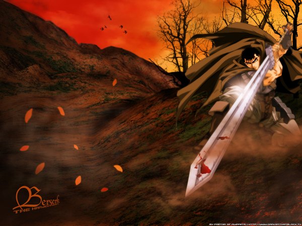 Anime picture 1280x960 with berserk guts short hair black hair landscape boy plant (plants) sword tree (trees) blood cloak