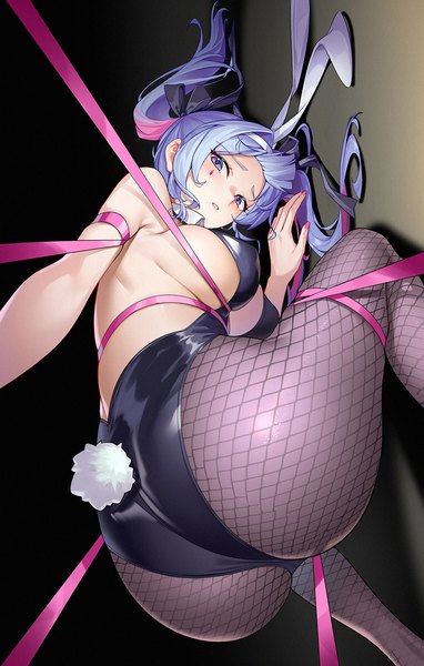 Anime-Bild 1116x1754 mit vocaloid rabbit hole (vocaloid) hatsune miku yin lan xue single long hair tall image breasts light erotic simple background large breasts purple eyes animal ears blue hair looking away ass tail nail polish parted lips animal tail