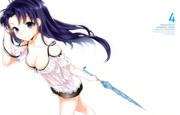 Anime picture 6880x4415 with denpa onna to seishun otoko shaft (studio) touwa meme buriki single long hair looking at viewer highres breasts blue eyes light erotic simple background smile white background blue hair absurdres cleavage from above official art wallpaper