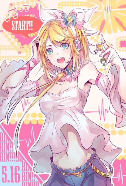 Anime picture 1000x1473 with vocaloid kagamine rin kagamine len gumi nakadai chiaki single tall image short hair open mouth blonde hair bare shoulders looking away inscription bare belly alternate costume multicolored eyes casual hand on headphones girl navel