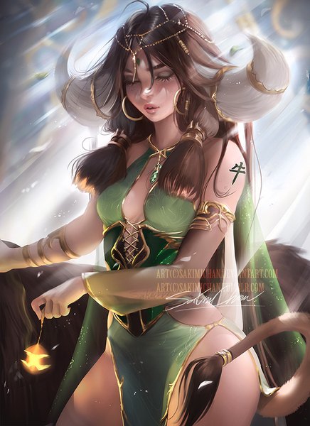 Anime picture 654x900 with original sakimichan single tall image breasts light erotic standing holding signed tail eyes closed traditional clothes horn (horns) lips realistic tattoo thighs chinese clothes eyeshadow chinese zodiac