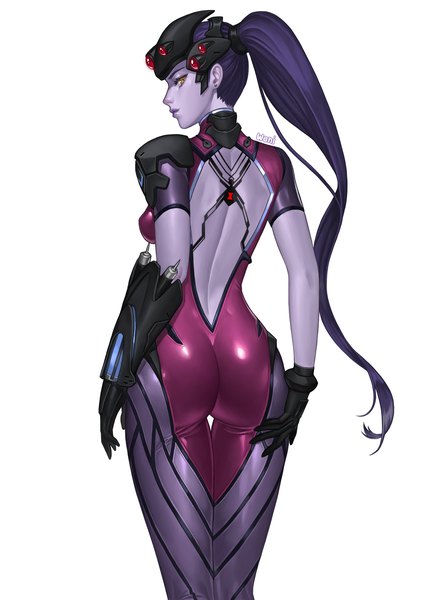 Anime picture 1500x2122 with overwatch blizzard entertainment widowmaker (overwatch) karmiel single long hair tall image looking at viewer light erotic simple background standing white background signed yellow eyes blue hair ass ponytail profile looking back from behind