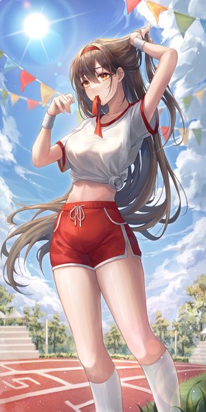 Anime picture 1459x2918 with original pippin sol single long hair tall image blush fringe hair between eyes brown hair standing holding yellow eyes looking away sky cloud (clouds) outdoors arm up wind sunlight short sleeves