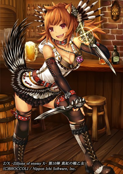 Anime picture 707x1000 with original yato (pondel) single tall image looking at viewer short hair open mouth red eyes brown hair animal ears girl thighhighs dress gloves hair ornament weapon black thighhighs boots fingerless gloves dagger