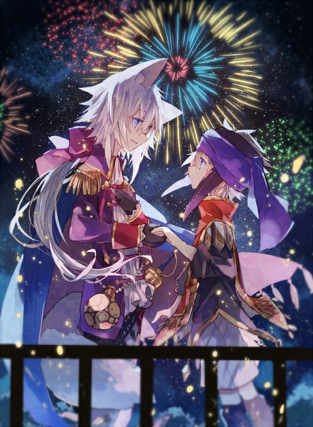 Anime picture 587x800 with merc storia hero (merc storia) mizumizu (phoenix) long hair tall image fringe short hair blue eyes smile standing animal ears white hair parted lips night night sky holding hands face to face fireworks boy gloves