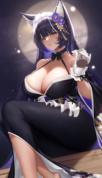 Anime picture 4609x8064 with azur lane musashi (azur lane) musashi (violet moonglow) (azur lane) liu liaoliao single long hair tall image looking at viewer fringe highres breasts light erotic black hair large breasts bare shoulders holding signed animal ears yellow eyes absurdres