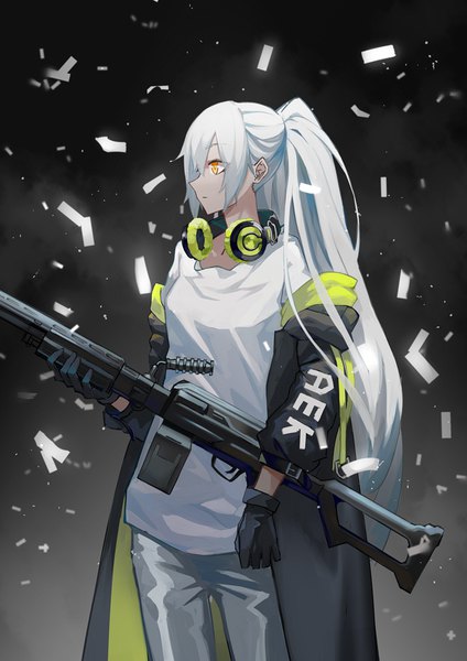 Anime picture 744x1052 with girls frontline aek-999 (girls frontline) leris muma single long hair tall image fringe simple background hair between eyes standing holding yellow eyes looking away silver hair ponytail profile off shoulder open clothes dark background expressionless