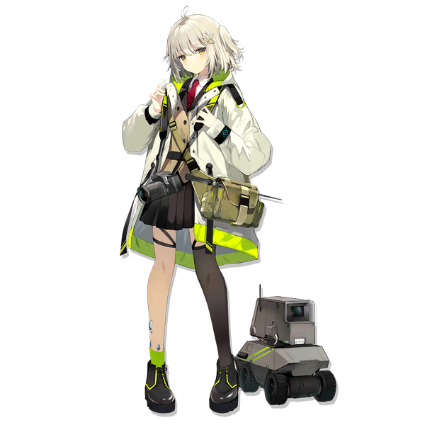 Anime picture 1024x1024 with arknights scene (arknights) lens (arknights) sutorora single looking at viewer fringe short hair hair between eyes standing yellow eyes silver hair full body ahoge pleated skirt open jacket official art one side up transparent background girl