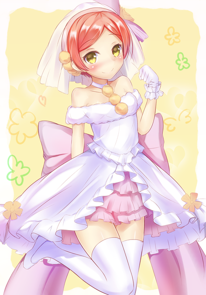 Anime picture 900x1286 with love live! school idol project sunrise (studio) love live! hoshizora rin yuuyu tall image looking at viewer blush short hair smile bare shoulders yellow eyes pink hair wedding girl thighhighs dress gloves white thighhighs wedding dress