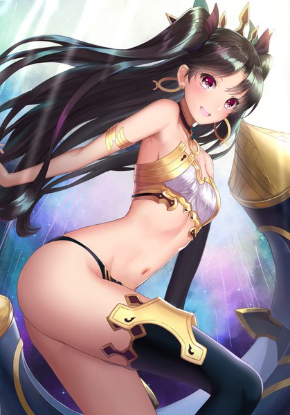 Anime picture 698x1000 with fate (series) fate/grand order toosaka rin ishtar (fate) mizuya nao single long hair tall image looking at viewer blush open mouth light erotic black hair bare shoulders pink eyes two side up girl thighhighs navel hair ornament