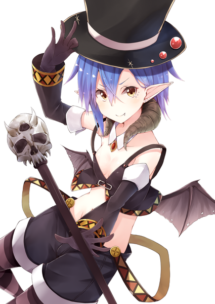 Anime picture 1000x1412 with original hiiragi yashiro single tall image looking at viewer short hair simple background smile red eyes white background holding blue hair cleavage horn (horns) from above pointy ears teeth midriff fang (fangs) bat wings