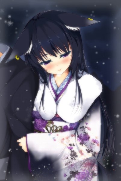 Anime picture 1000x1492 with original haru (matatabi sanjou) long hair tall image blush fringe black hair smile purple eyes animal ears traditional clothes japanese clothes wide sleeves fox ears floral print snowing winter girl earrings kimono