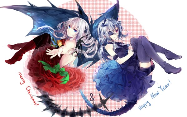 Anime picture 1500x938 with original imi fumei long hair looking at viewer blue eyes red eyes wide image bare shoulders multiple girls blue hair silver hair ahoge tail horn (horns) christmas merry christmas happy new year girl thighhighs dress