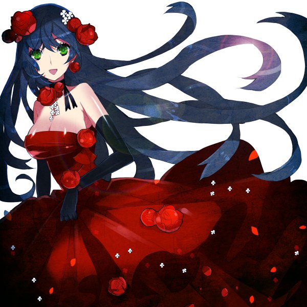 Anime picture 1200x1200 with original mami (apsaras) single long hair open mouth white background bare shoulders green eyes blue hair hair flower girl dress gloves hair ornament flower (flowers) elbow gloves rose (roses) red dress