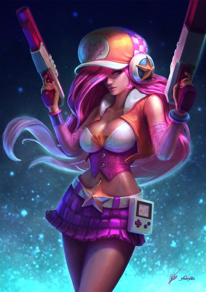 Anime picture 1000x1415 with pokemon league of legends nintendo miss fortune (league of legends) charmander arcade miss fortune (league of legends) squirtle cassio yoshiyaki patricia kellen single long hair tall image fringe breasts blue eyes light erotic large breasts pink hair nail polish hair over one eye