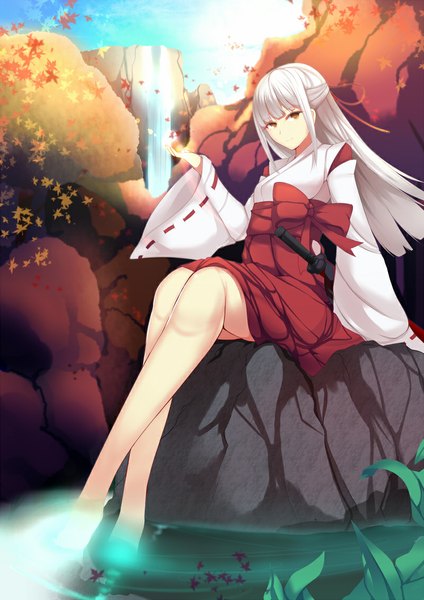 Anime picture 800x1131 with original daiaru single long hair tall image looking at viewer red eyes white hair traditional clothes legs miko river rock girl bow weapon sword katana leaf (leaves)