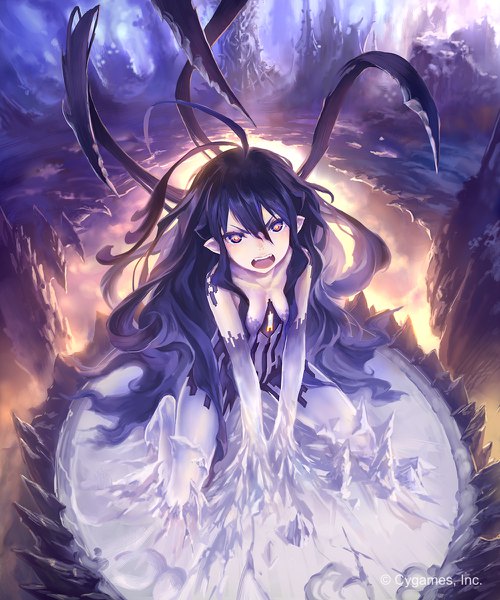 Anime picture 1000x1200 with shingeki no bahamut hisakata souji single tall image looking at viewer blush fringe breasts open mouth light erotic black hair hair between eyes sitting yellow eyes full body very long hair from above pointy ears teeth kneeling