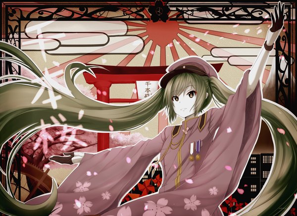 イラスト 2200x1600 と ボーカロイド 千本桜 初音ミク hews ソロ highres ツインテール looking away very long hair green hair light smile black eyes spread arms 女の子 手袋 花 帽子