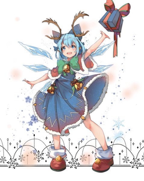 Anime picture 1630x2048 with touhou cirno small rabbit single tall image looking at viewer fringe short hair open mouth blue eyes smile white background blue hair full body pointy ears fur trim christmas fake antlers girl dress