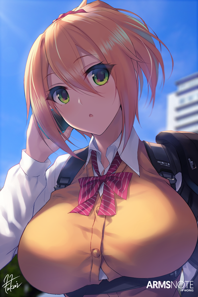 Anime picture 700x1050 with arms note exoarm joshikousei fukai ryosuke single tall image looking at viewer blush fringe short hair breasts open mouth blonde hair hair between eyes large breasts holding green eyes signed payot sky upper body