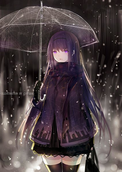 Anime picture 778x1100 with mahou shoujo madoka magica shaft (studio) akemi homura bai qi-qsr single long hair tall image looking at viewer fringe open mouth standing purple eyes holding signed payot purple hair outdoors wind blurry zettai ryouiki