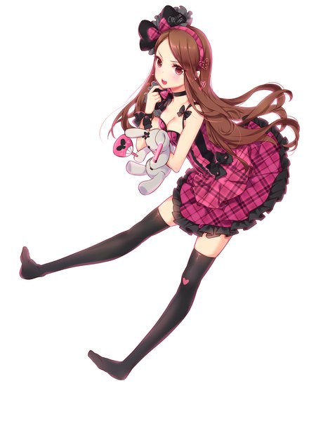 Anime picture 2362x3150 with idolmaster minase iori bittersweet (dalcoms) single long hair tall image looking at viewer blush highres open mouth red eyes brown hair white background girl thighhighs dress bow black thighhighs hair bow toy