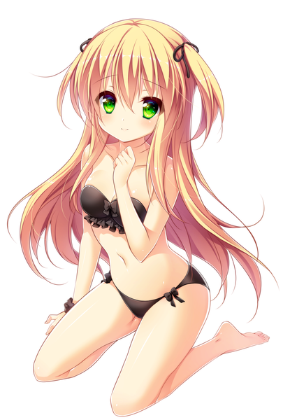 Anime picture 1181x1748 with original nagisa rio single long hair tall image looking at viewer blush fringe breasts light erotic simple background blonde hair hair between eyes white background sitting green eyes barefoot bare legs underwear only wariza