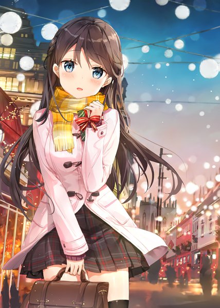 Anime picture 642x900 with original fuumi (radial engine) single long hair tall image looking at viewer blush fringe open mouth blue eyes hair between eyes brown hair holding outdoors long sleeves head tilt :o city plaid skirt christmas