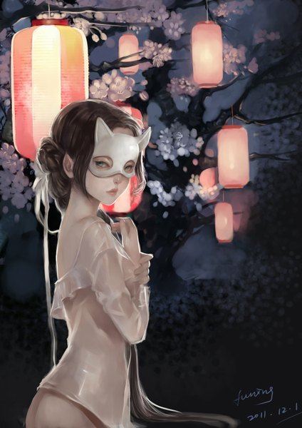 Anime picture 1060x1500 with original bobo1983 single long hair tall image brown hair green eyes signed realistic night cherry blossoms bottomless girl plant (plants) tree (trees) mask lantern