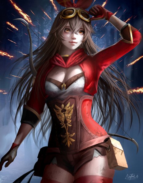 Anime picture 2000x2567 with genshin impact amber (genshin impact) naufal amanda single long hair tall image fringe highres breasts hair between eyes brown hair standing brown eyes signed payot looking away cleavage outdoors arm up light smile