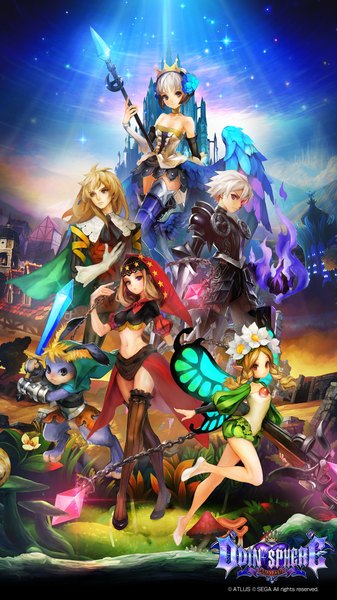 Anime picture 1242x2208 with odin sphere vanillaware gwendolyn velvet (odin sphere) mercedes (odin sphere) oswald cornelius kamitani george long hair tall image looking at viewer fringe short hair blonde hair red eyes purple eyes bare shoulders multiple girls brown eyes looking away