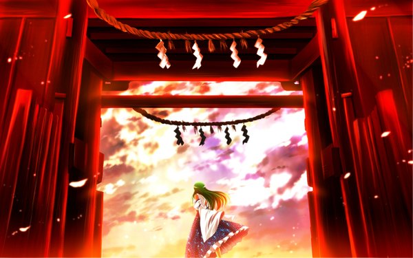Anime picture 1920x1200 with touhou kochiya sanae nekominase single long hair highres wide image cloud (clouds) green hair from behind girl detached sleeves petals
