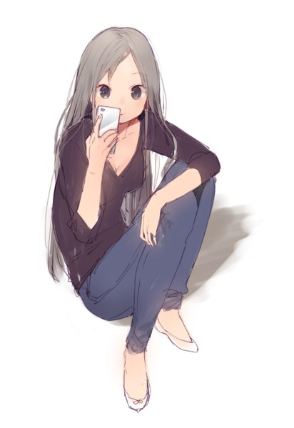 Anime picture 1843x2683 with original kitada mo single long hair tall image looking at viewer highres simple background smile brown hair white background sitting brown eyes bent knee (knees) shadow girl mobile phone