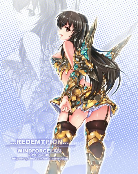 Anime picture 692x871 with world of warcraft blizzard entertainment windforcelan single long hair tall image open mouth light erotic black hair red eyes looking back from behind pantyshot girl thighhighs underwear panties black thighhighs armor garter straps