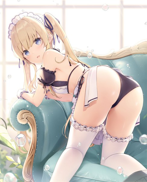 Anime picture 700x861 with saenai heroine no sodatekata a-1 pictures sawamura spencer eriri 6u (eternal land) single long hair tall image looking at viewer blush fringe open mouth blue eyes light erotic blonde hair twintails bare shoulders ass indoors looking back from behind